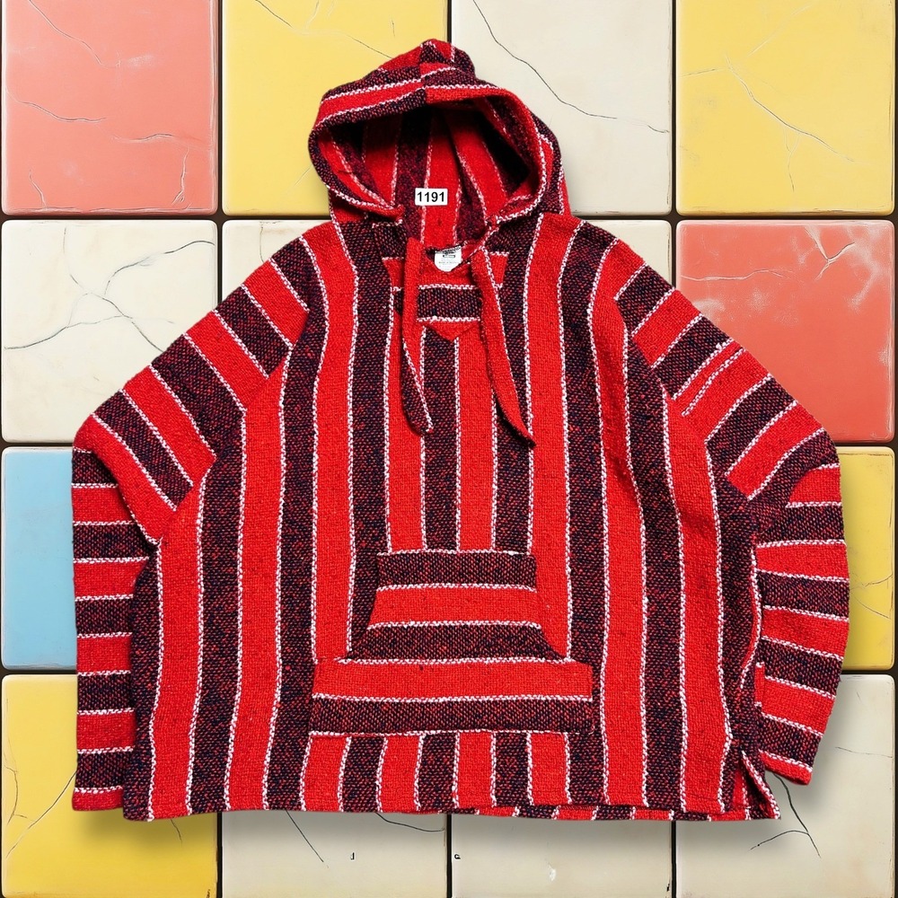Vintage Baja Mexico Hoodie‎ Pullover Y2K Men M Red Striped Rug Poncho Sweater